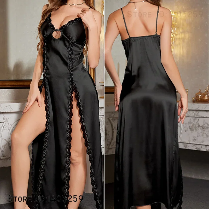 Sexy Split Suspender Nightgown Chemise Sleepwear Summer New Silky Satin Nightdress Intimate Lingerie Female Home Wear Loungewear