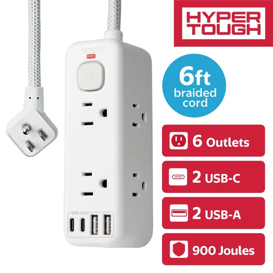 

6ft USB Power Strip with 6 Outlets and Dual USB Ports USB-A and USB-C 900J Surge Protection Ideal for Home Office Bedroom Livin