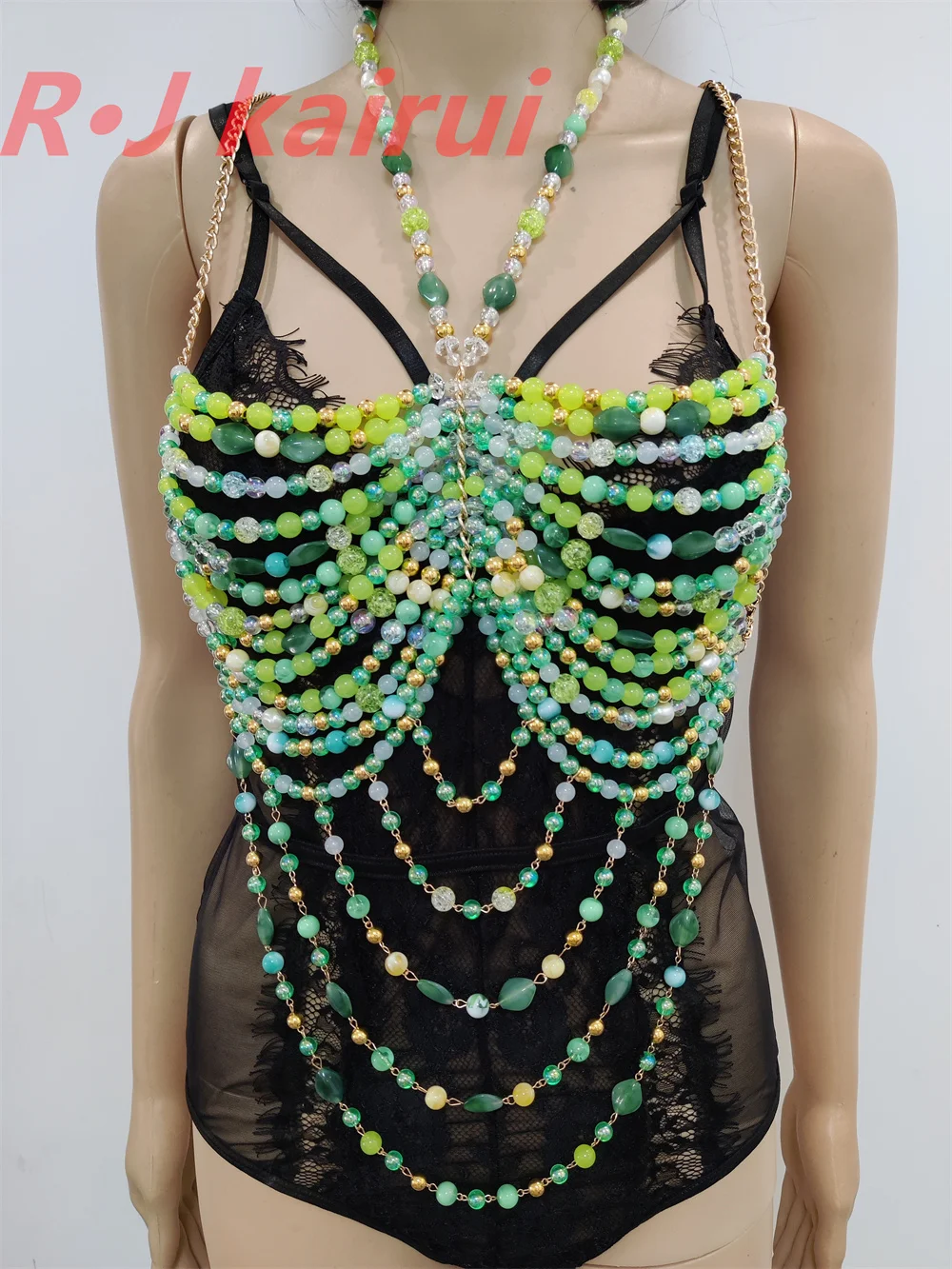 

RJ Fashion Sexy Metal Neck Body Chain Pastel Green Beads Halter Dress Masquerade Stage Party Top Bra Body Jewelry Accessories