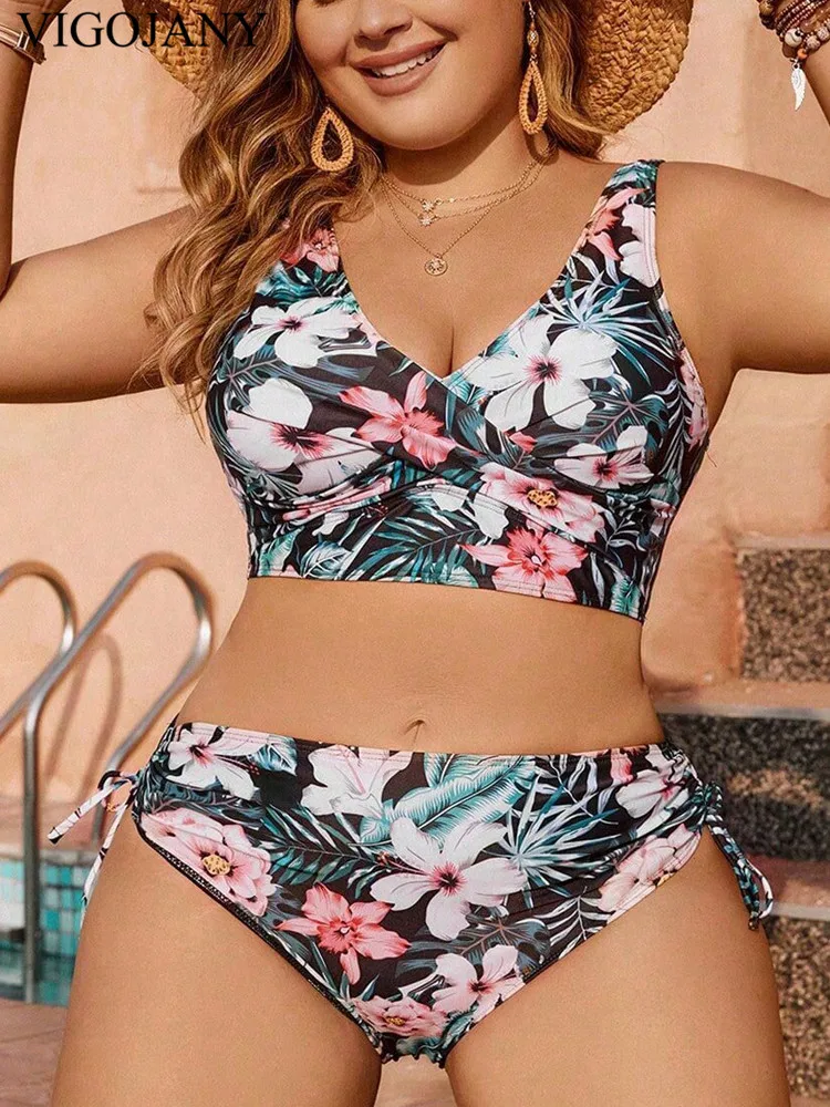 VigoJany 2025 Sexy Print 2-częściowy zestaw bikini Plus Size dla kobiet z paskiem i wysokim stanem Duży duży kostium kąpielowy Push Up Chubby