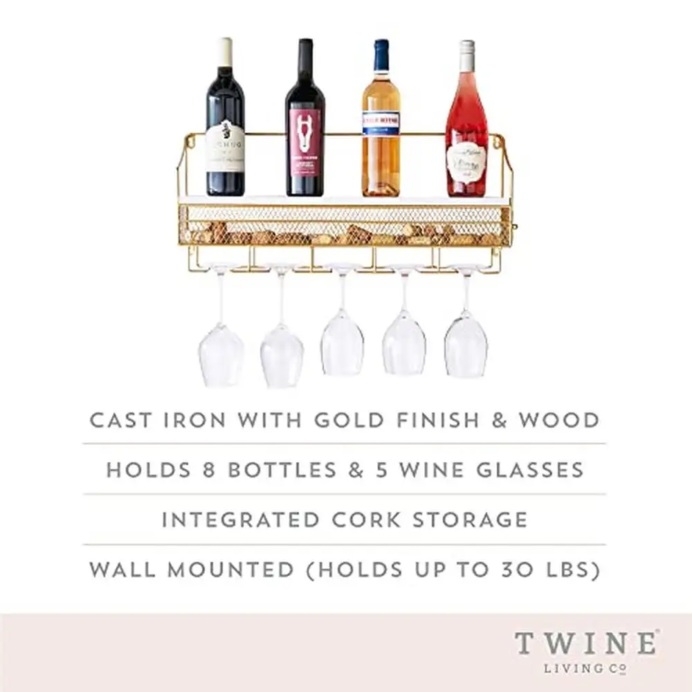 Elegant Gold Cast Iron Wall Wine Rack with Glass Storage and Cork Cage