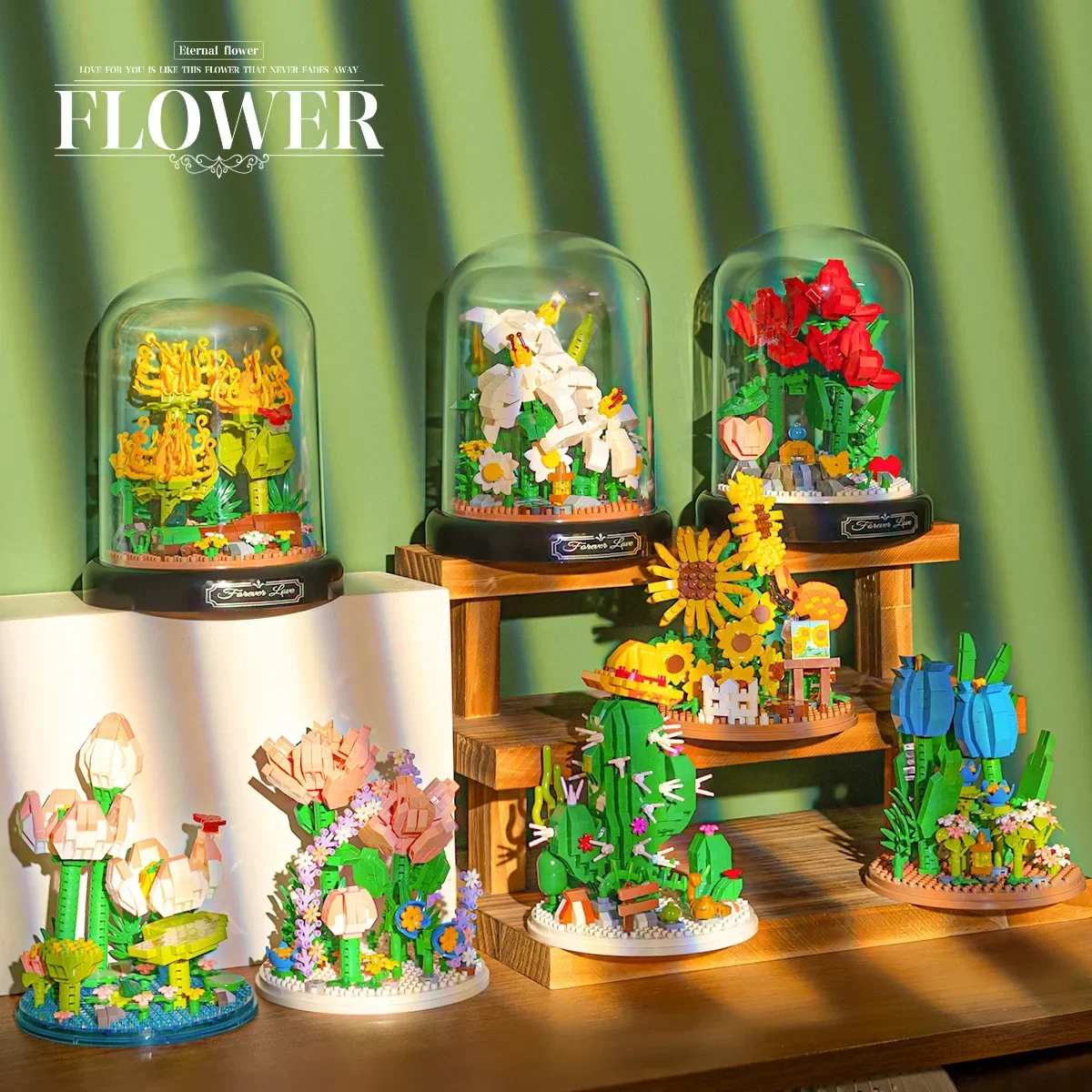 14 Style Immortal Flower Micro Building Blocks Dandelion Gardenia Rose Sunflower Carnation Bouquet  Mini Brick Toys With Display