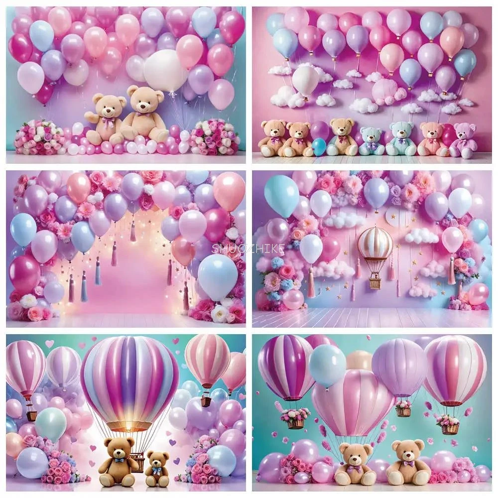 

Teddy Bear Balloons First Birthday 1Year Backdrop Oh Baby Shower Party Background Pink Flower Shooting Photography Props