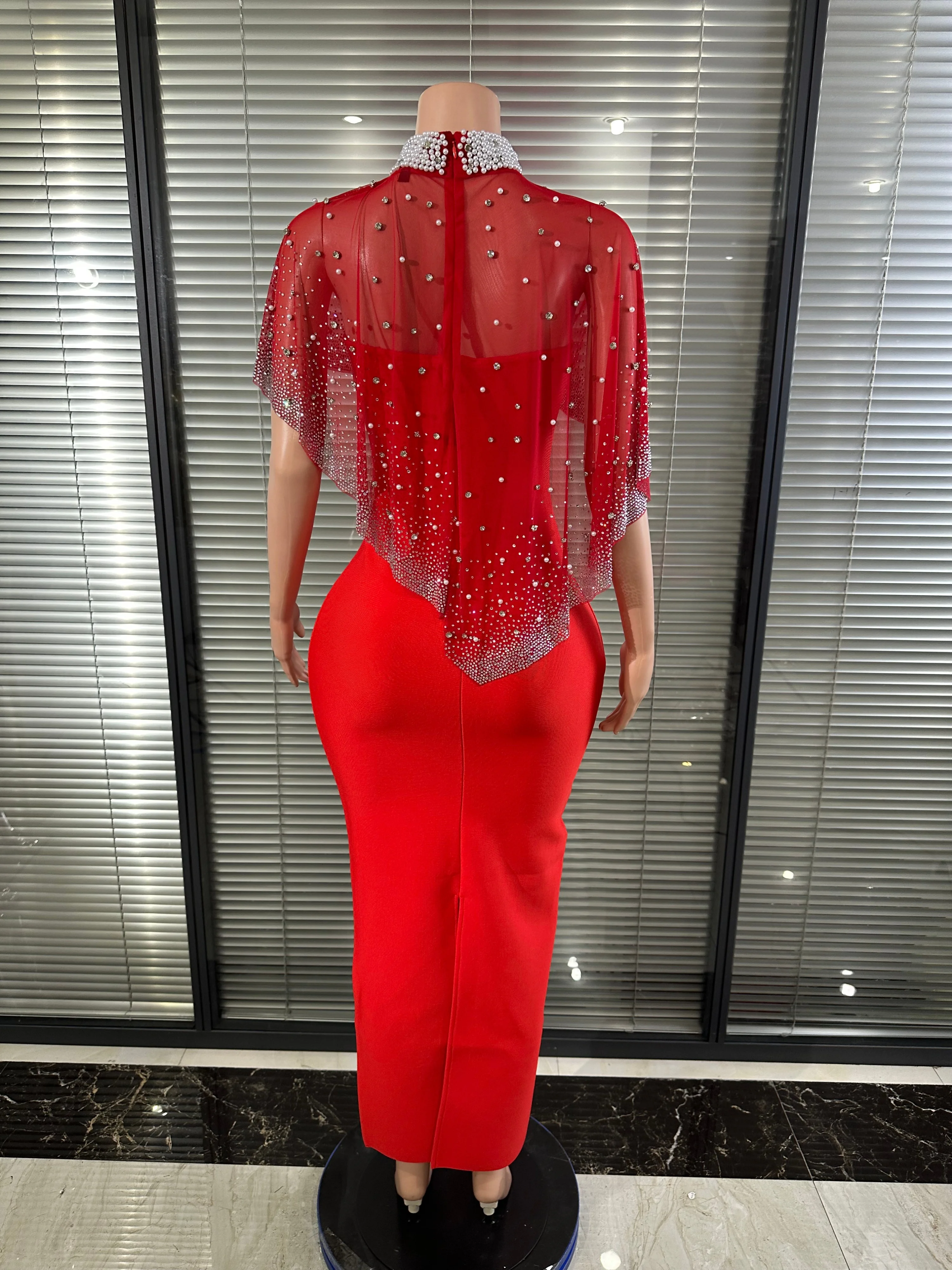 

Glamorous Red Bandage Midi Dress Rhinestone Mesh Cape Women Elegant High Neck Bodycon Party Cocktail Birthday Nightclub Gown