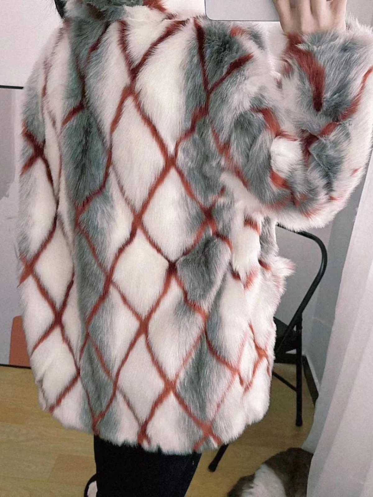 Stberry Wfle Patterned Artificial Fur Jaet Women's Eco-Friendly Fur Coat Warmth Universal Fit Long Sve Mid-Length