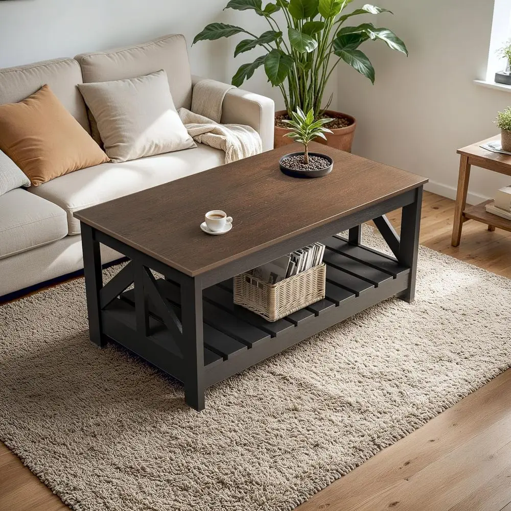 Rustic Storage Coffee Table for Living Spaces, Square Farmhouse Style, Compact for Small Areas, Brown & Black Options