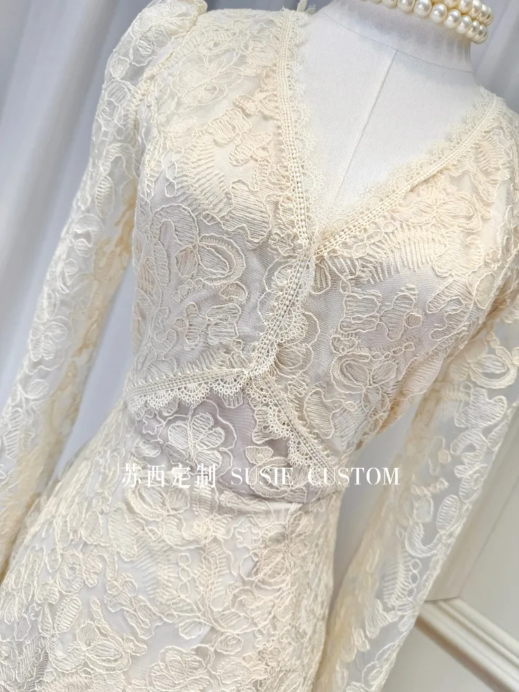 Abito da sera aderente aderente a maniche lunghe in patchwork di pizzo con temperamento elegante stile francese Abito da sera aderente aderente a vita alta Donna Autunno