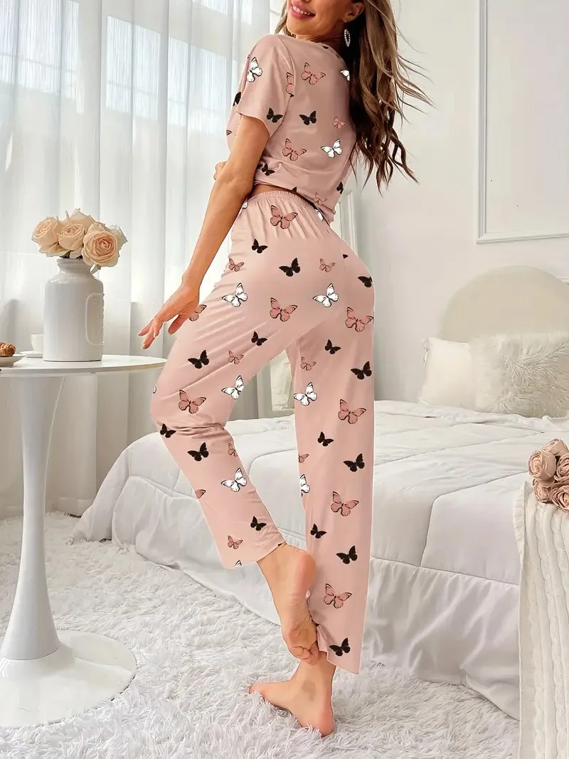 1 Set Butterfly Print Pajama Set, Short Sleeve Crew Neck Top & Elastic Waistband Pants, Women\'s Sleepwear & Loungewear