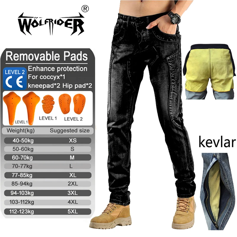 

WOLFRIDER Motorcycle Jeans Men Aramid Fiber Protection Pants with Knee Armor for Touring Motocross Riding