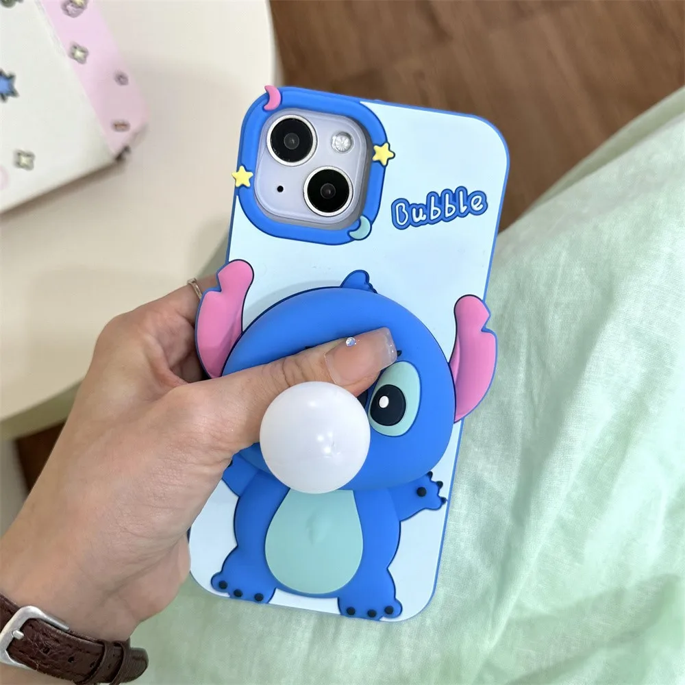 For iPhone 15 Pro Max 13 Pro 12 11 14 Pro Max Play Stitch Press Spit Bubble 3D Cartoon Rubber Silicon Soft Phone Case