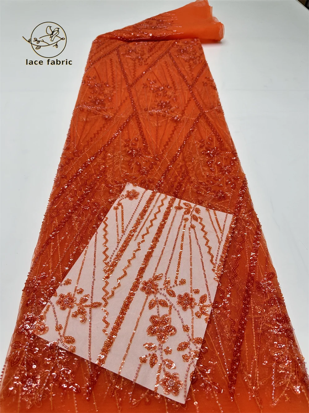 Orange African Groom Lace Fabrics 2024 High Quality Nigerian Embroidery Tulle Sequins Lace Fabric For Party Dress 5 Yards/Lot