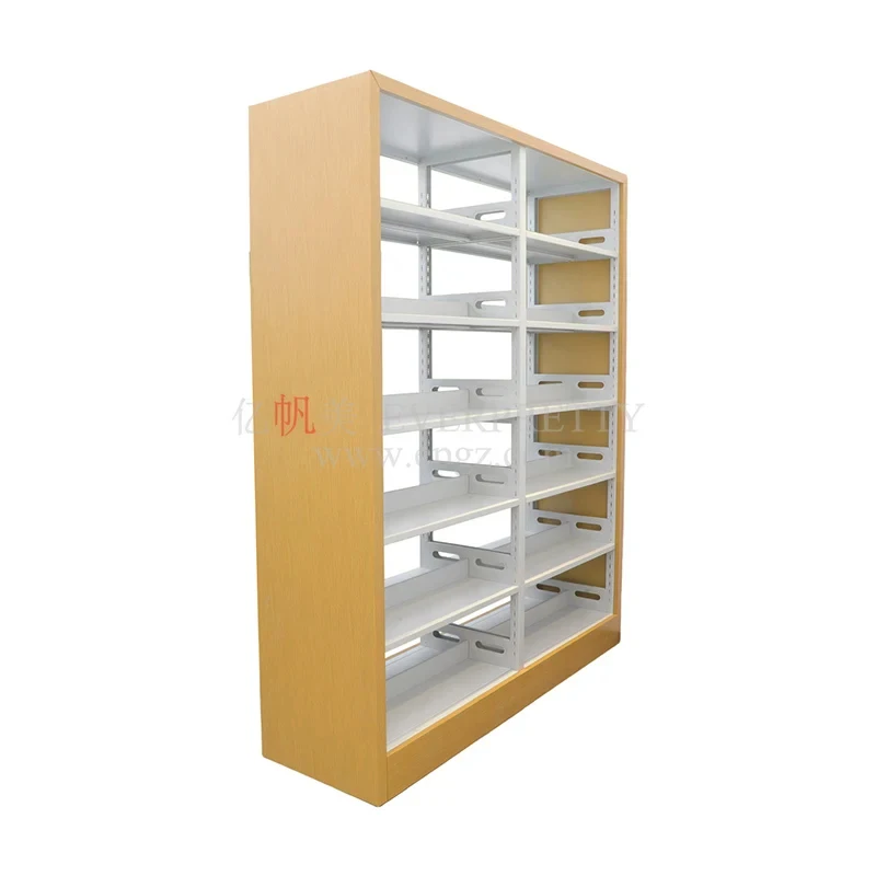 custom.Modern Design Double-Sided Bookshelf High Quality Wooden Metal Library School Office Hospital Use Book Display Fe