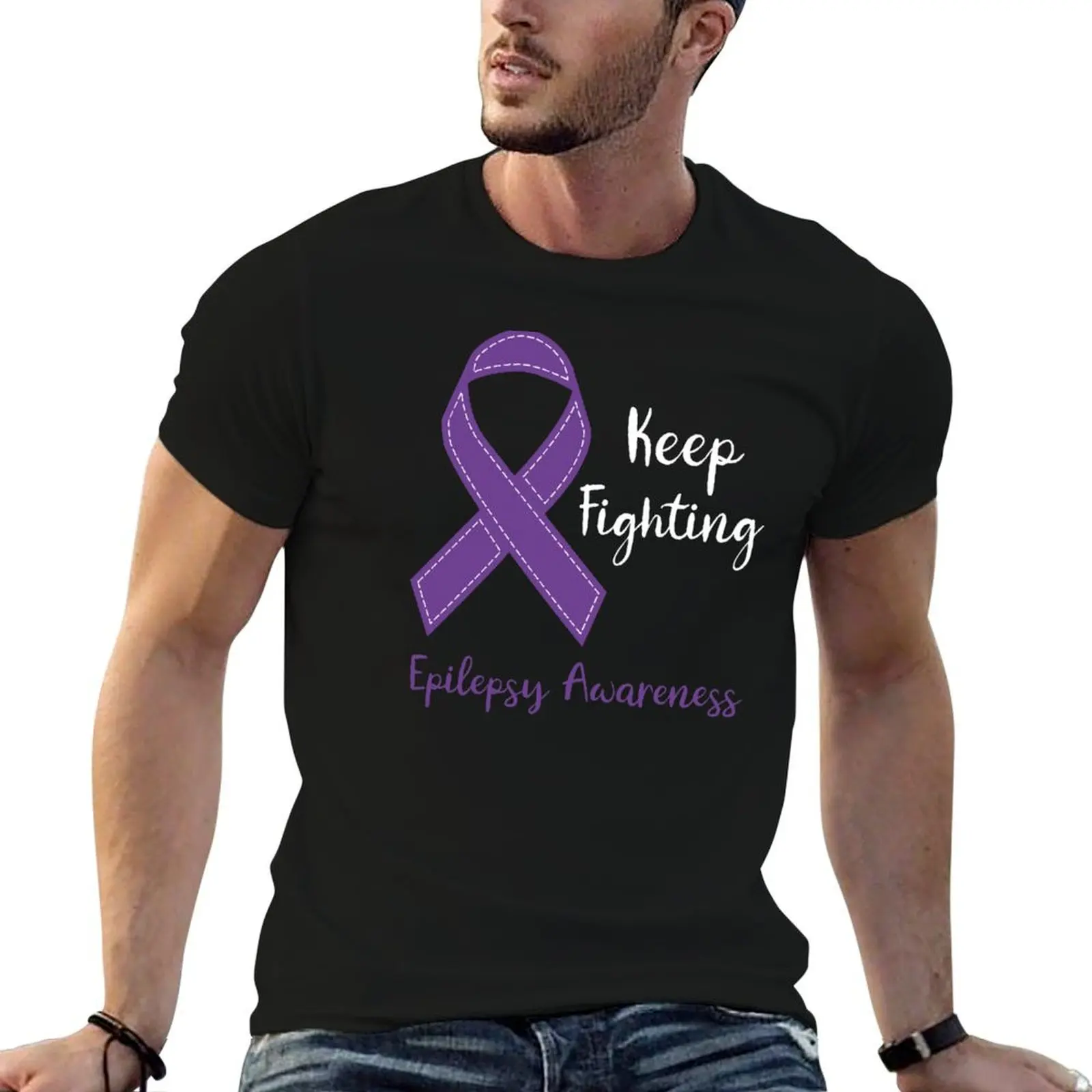 

Epilepsy Awareness Month Support Design Keep Fighting Purple Ribbon T-Shirt man t shirt heavy cotton t shirts designer T-Shirt