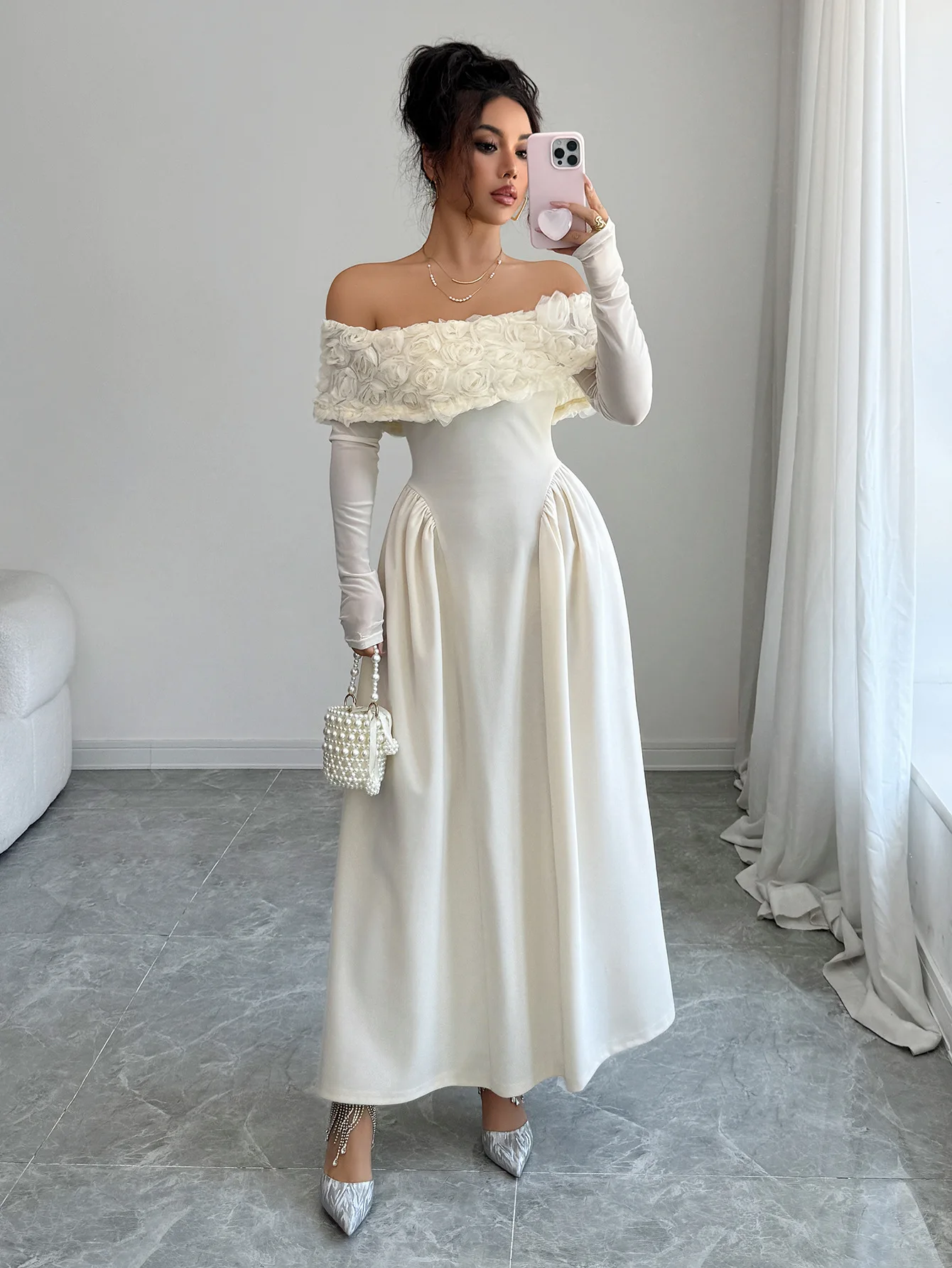 

Женское платье светло-желтого цвета с открытыми плечами, макси-платье с 3D цветочным декором, длинными рукавами, для свадьбы, вечеринки, торжественных мероприятий