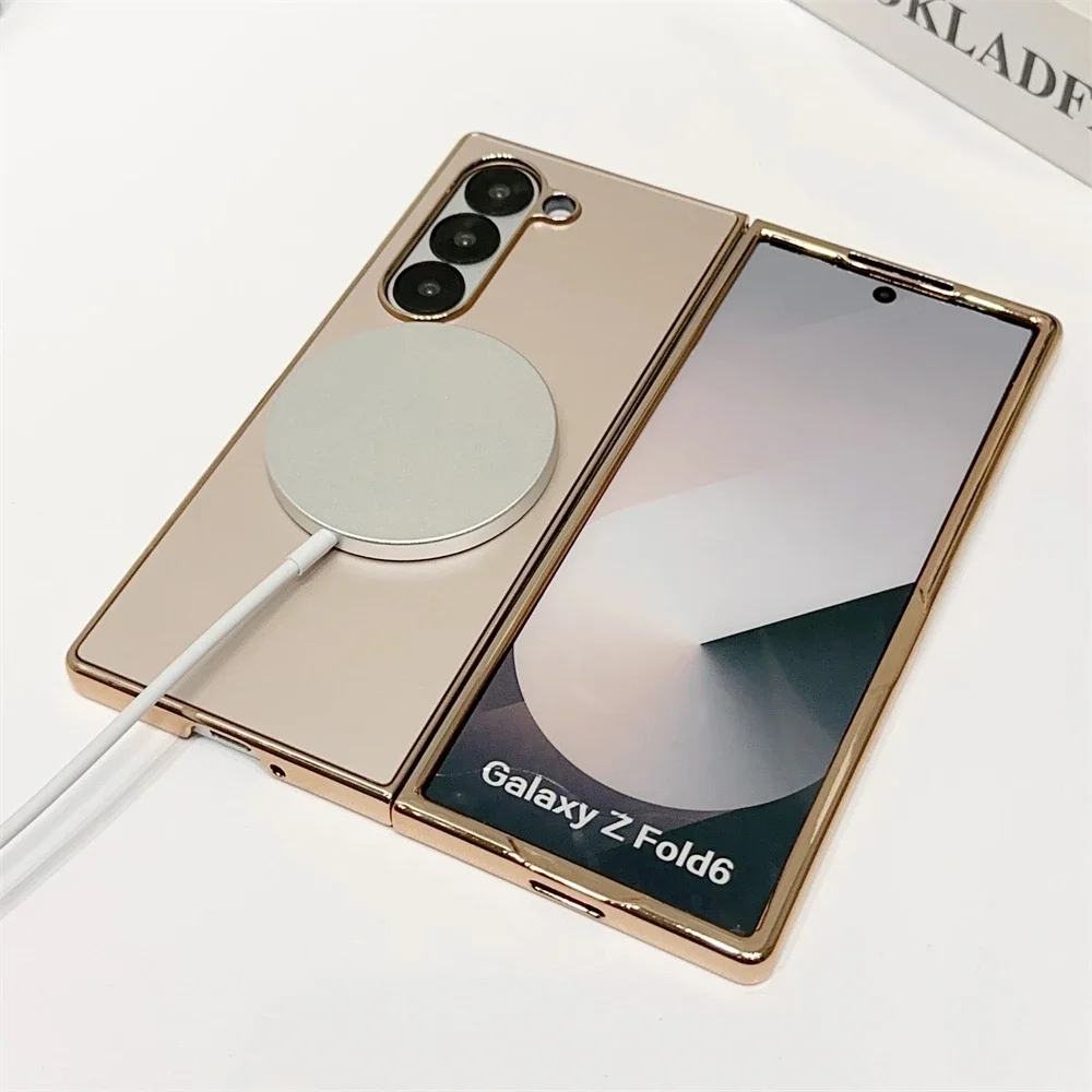 삼성 갤럭시 Z 폴드 7 6 5 4 3용 마그네틱 무선 충전 폰 케이스, 고급 도금 무광택 마감, 충격 방지 백 커버