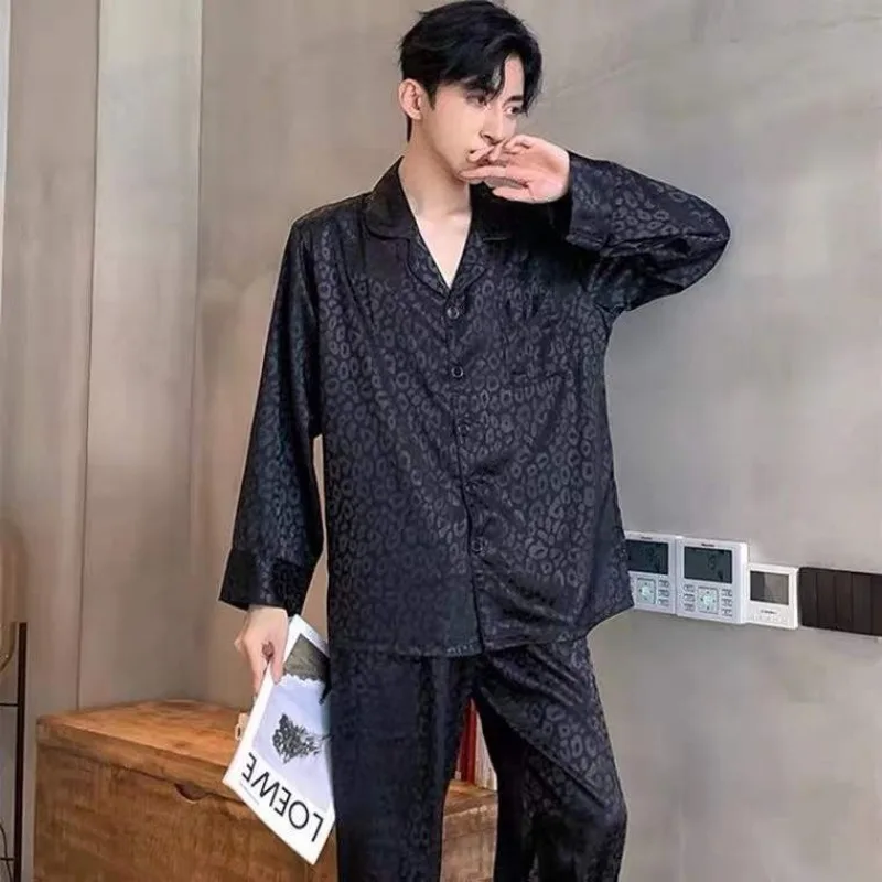 Pajamas men Spring and Autumn Long sleeve Thin ice silk Large size Spring and summer Leopard print cardigan loungewear two-piece