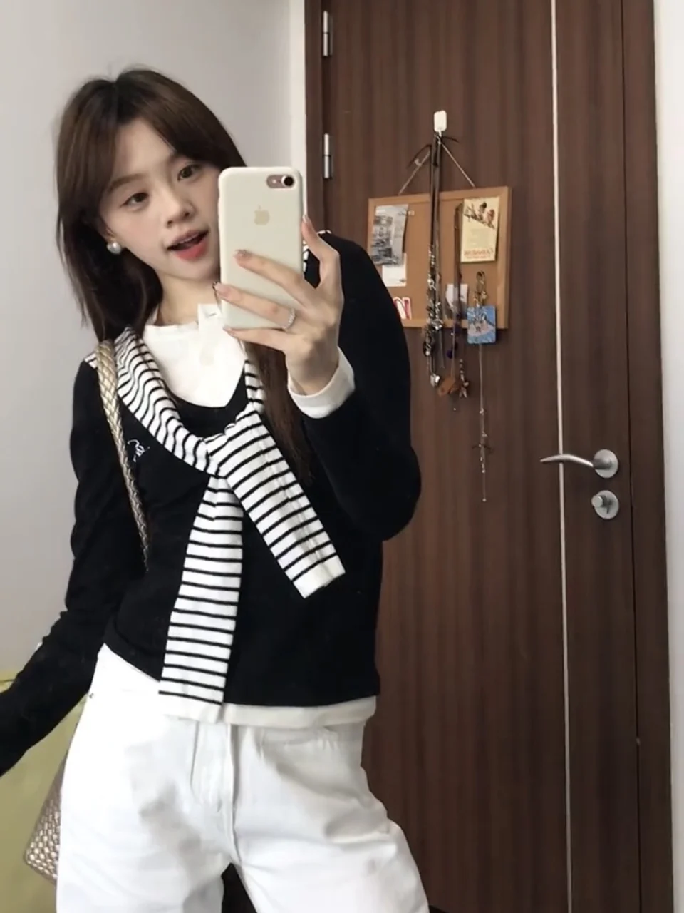 T-shirt lunga coreana Sle Sve da donna Autunno Design Stripe oulder Colletto Color Blo Base Top College Sle Falso in due pezzi