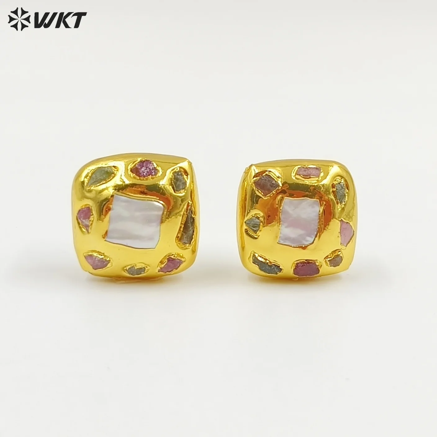 

JFB015 Good Quality 18K Gold Plated Natural Freshwater Pearl And Little Tourmaline Stone Square Jewelry Findings Beads For DIY