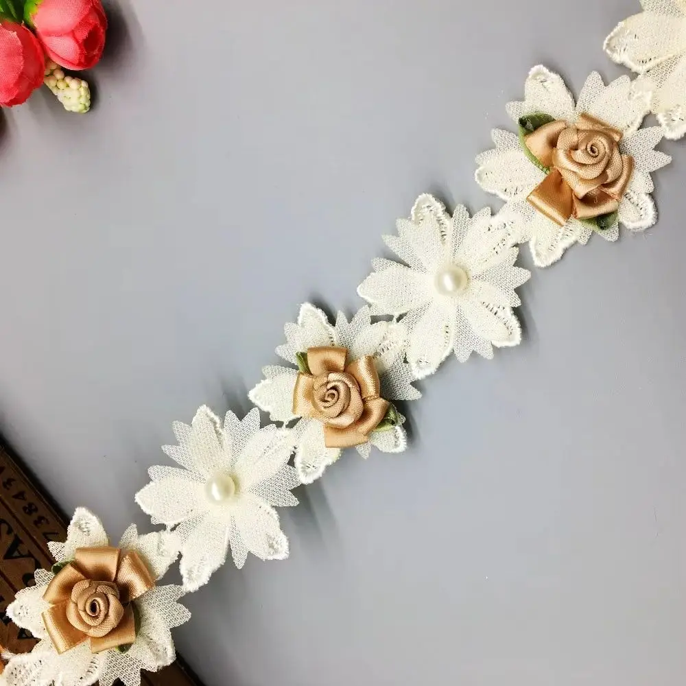 

1 Yard Apricot Pearl Rose Flower Embroidered Lace Trim Ribbon Fabric Handmade DIY Sewing Craft For Costume Hat Shoes Decor 4.5CM