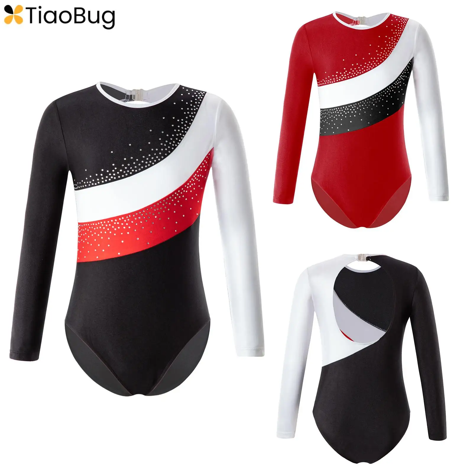 

Kids Girls Rhinestone Long Sleeve Ballet Dance Gymnastic Leotards Color Block Ice Skating Unitard Bodysuit Competition Costume