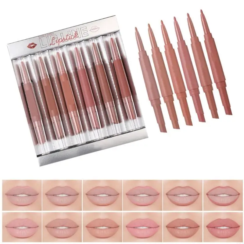 C1FF مجموعة مكونة من 6 قطع من قلم تحديد الشفاه وأحمر الشفاه غير اللامع لتحديد دقيق للشفاه