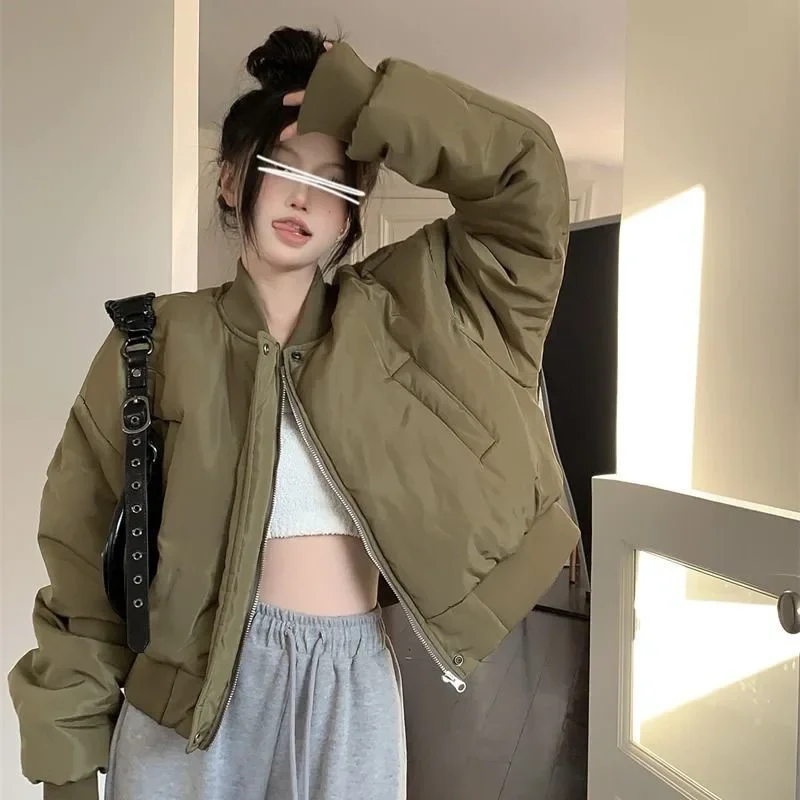 

GIDYQ Warm Cotton Crop Baseball Jacket Women Korean Solid Zipper Pocket Stand Collar Parkas Fashion Casual All Match Top Winter