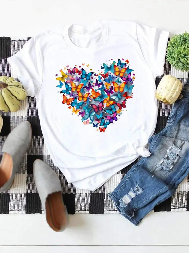 

Love Heart Butterfly Trend Short Sleeve Print T Shirt Clothing Clothes Tee For Women O-neck Fashion Top Basic Graphic T-shirts