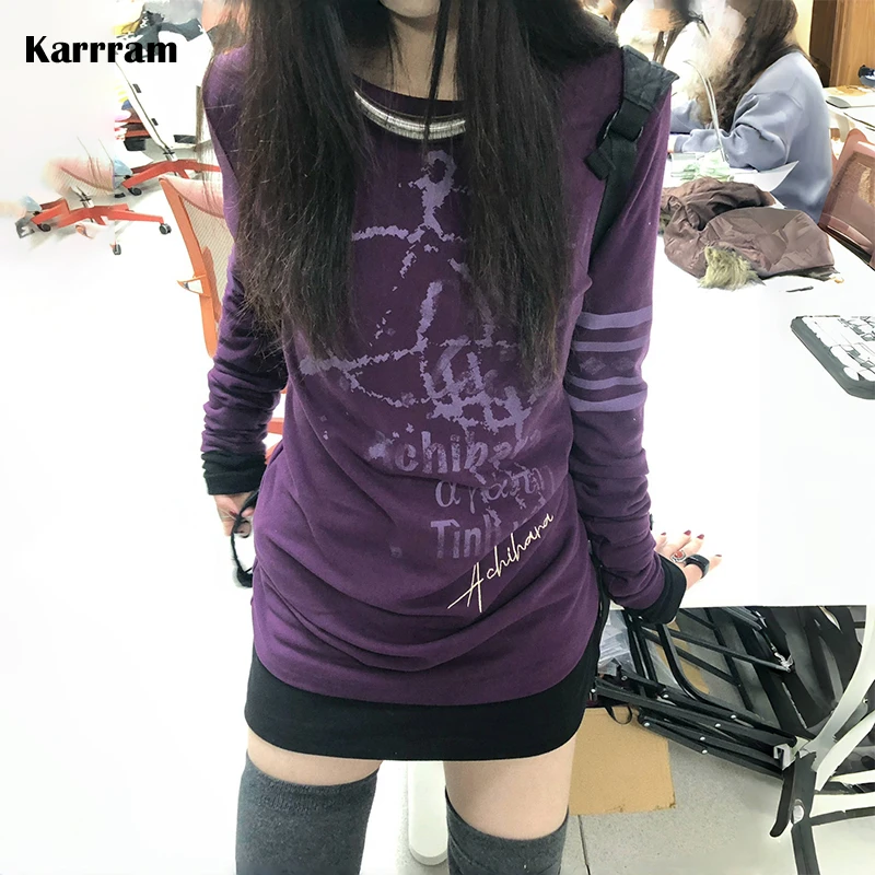 Karrram Japanese Y2k Letter Print T-shirt Grunge 2000s Style Long T Shirt Vintage Harajuku Long Sleeve Purple Top American Retro image 6
