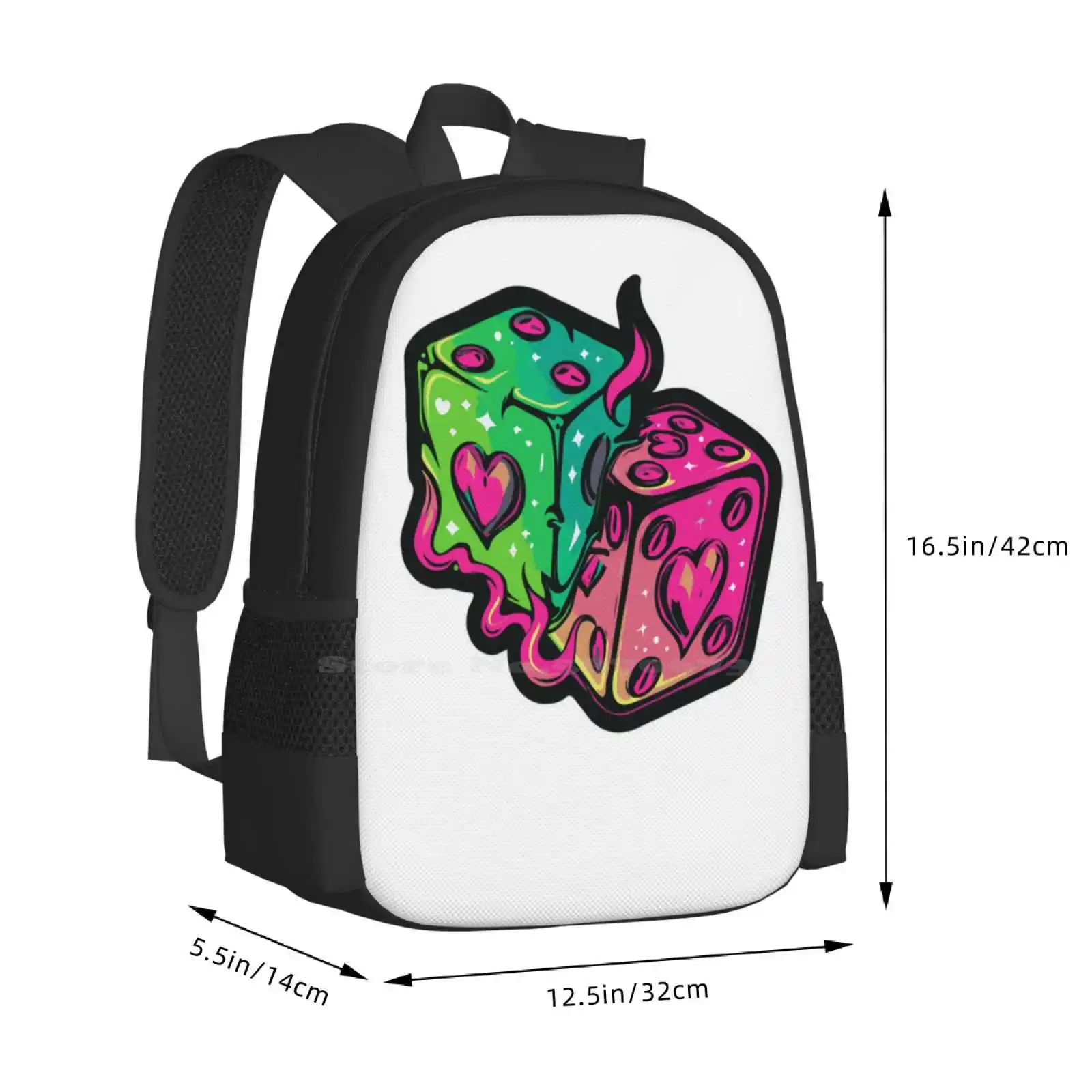 Neon Dice Hearts School Backpack, Fashion Bags, DicelGruNerd Cute Nette Digmanual Art Flames, Lovegame, Hot Sale