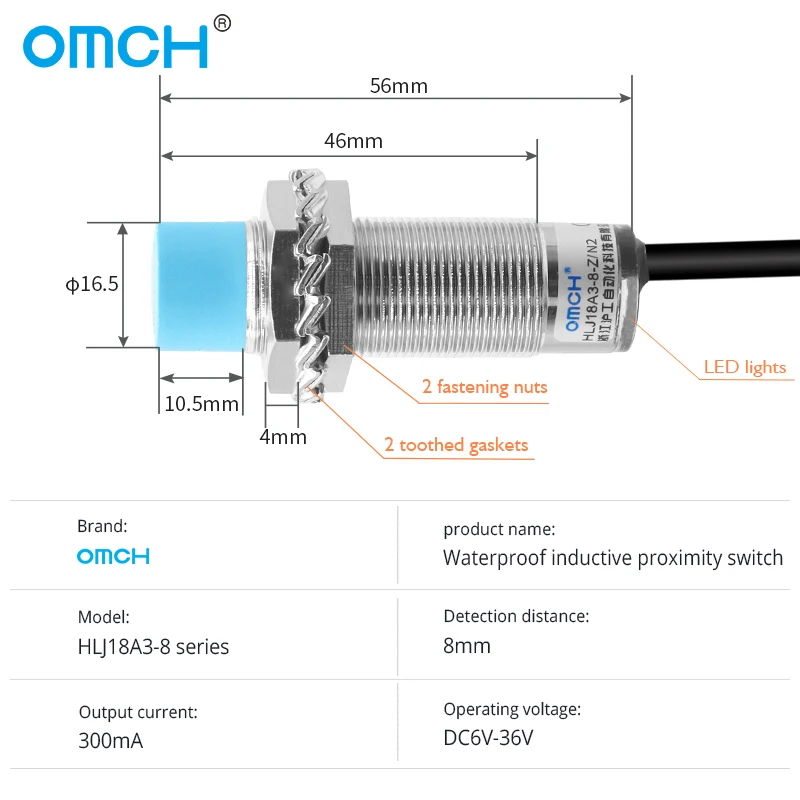 OMCH Waterproof Inductive Type Proximity HLJ18A3-4-Z Effect Sensor Approach Switch NPN NO 3-Wire