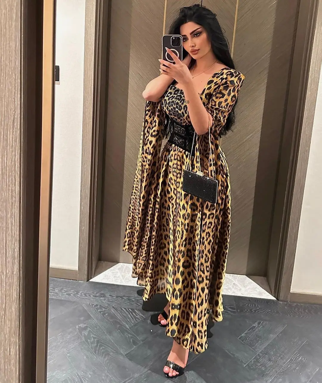 Leopard Print Long Split Sleeves Prom Dresses Arabia Fashion Square Neck A-Line Evening Dresses Formal Occasion Party Gown