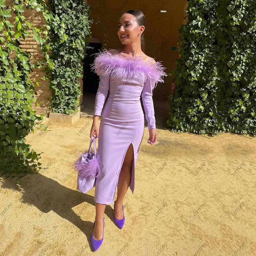 LIYYLHQ Purple Slit Feathers Dubai Formal Party Gowns Elegant Long Sleeves Saudi Arabia Mermaid Sexy Prom Dresses Robe de soirée