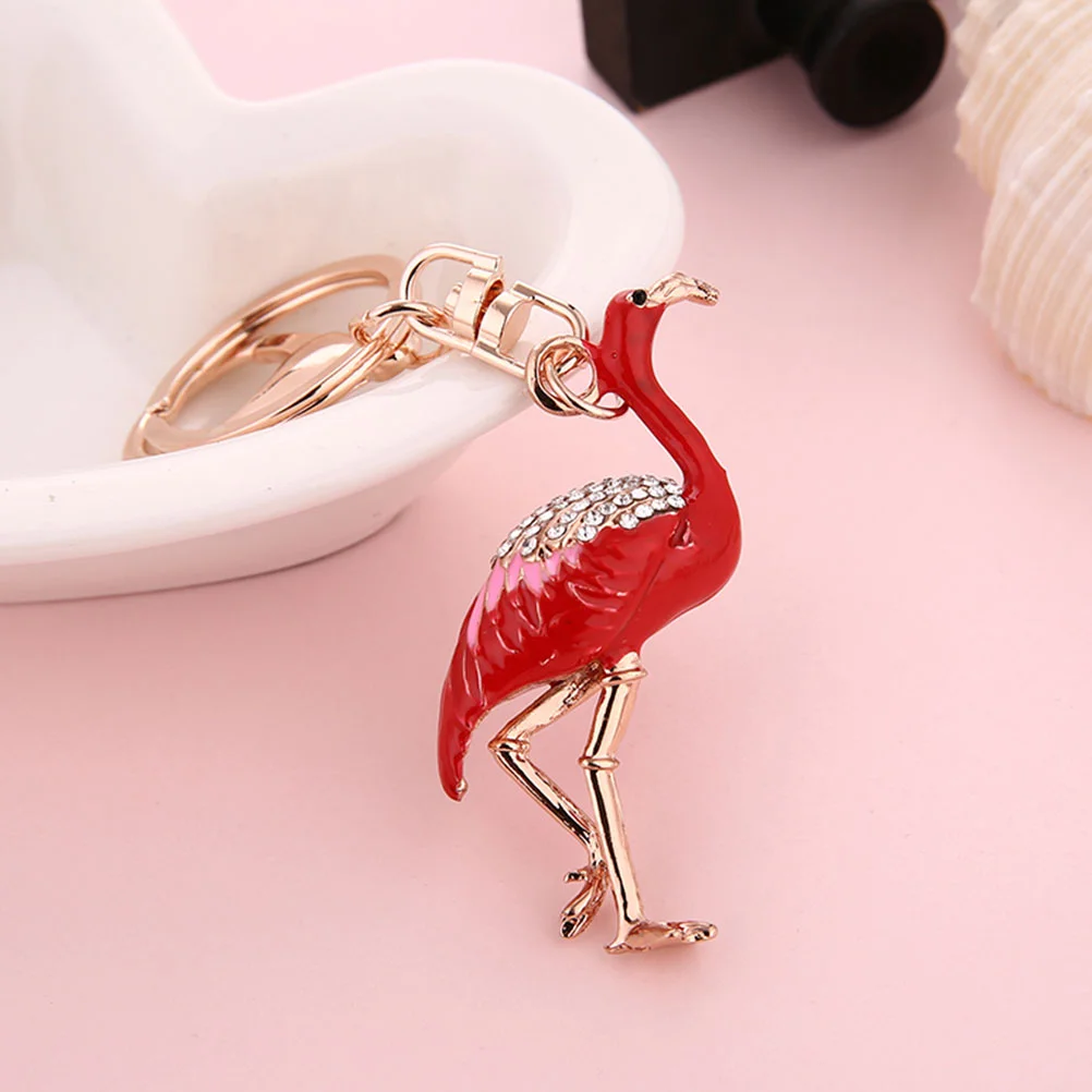 Red Flamingo Shape Keychains Rhinestone Key Rings Fashion Key Holder Craft Pendant Alloy Keyring Crystal Hanging Ornaments Gift