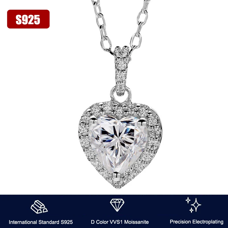 1ct Heart Shaped Moissanite Pendant Necklace for Women Girl Real 925 Silver Luxury Gift Wedding Jewelry Valentine Day