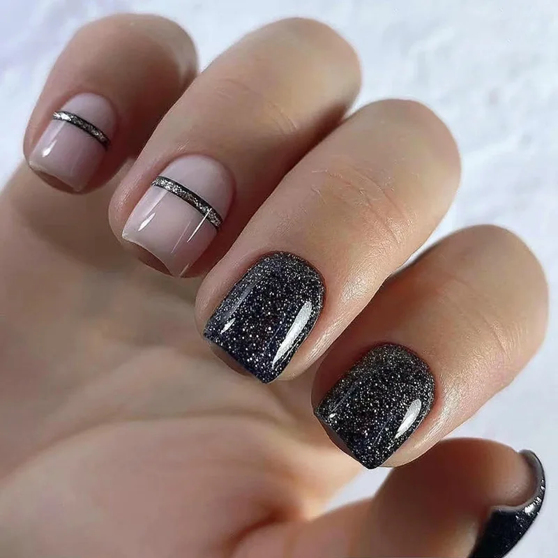 Druk Op Nagels Zwarte Vlinder Franse Nep Nagels Strass Valse Nagel Patch Kort Ballet Volledige Cover Kunstmatige Kunst Nageltop