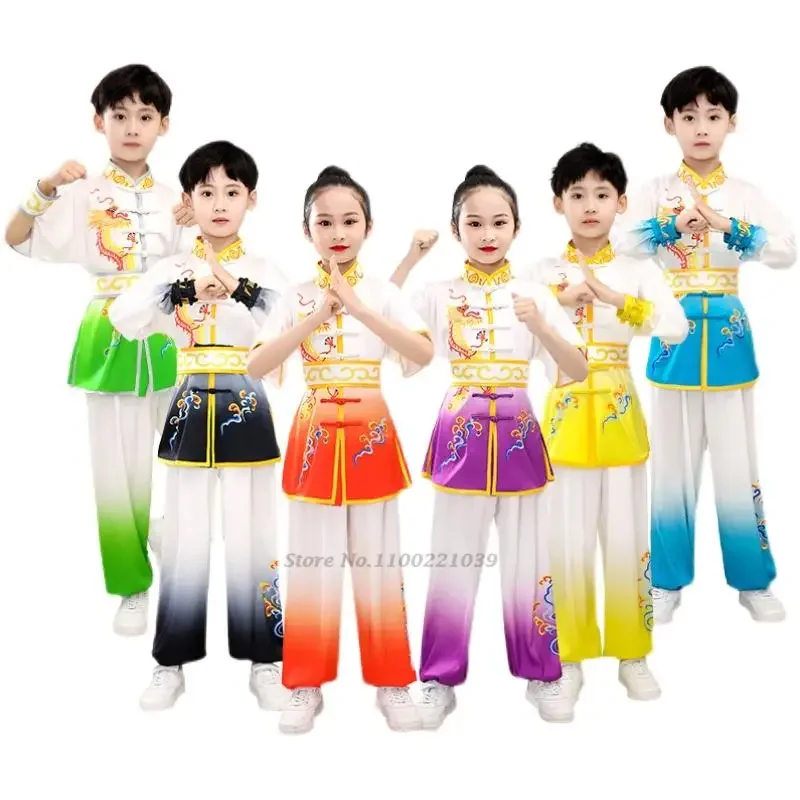 

kids martial arts uniform kung fu suit dragon print stage performance costume set chinese traditional wushu clothing