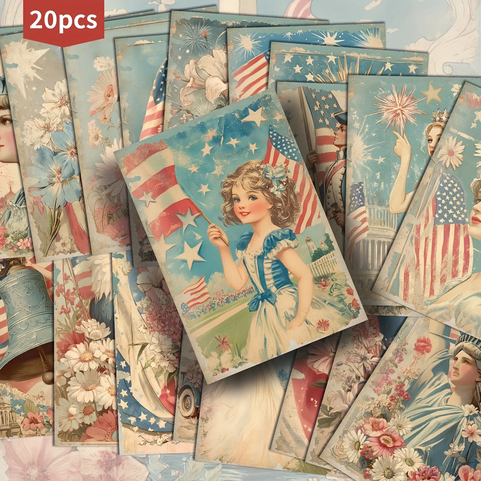 20PCS Retro Patriotic Themed Postcards with Classic Girl Illustrations, Used for Scrapbooks, July 4th, and Memorial Day