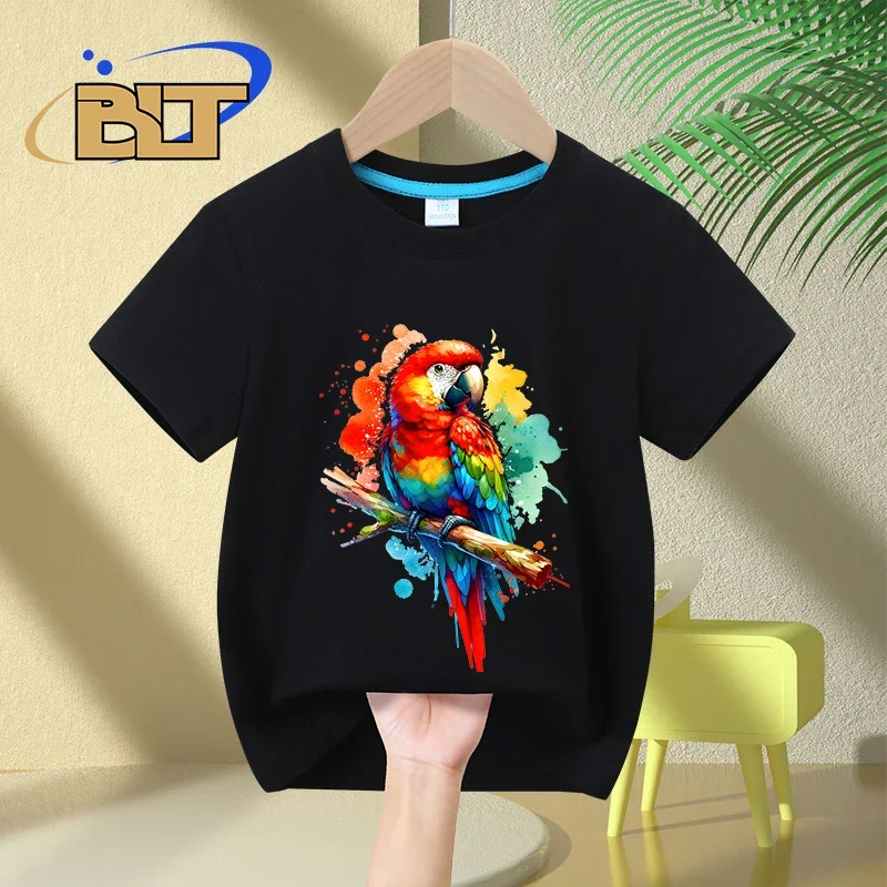 Camiseta infantil de manga curta, tops de algodão para meninos e meninas, estampa de papagaio vibrante aquarela, roupas casuais infantis, verão