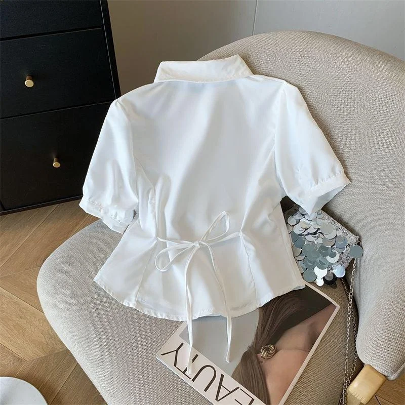 Slimming Effect Short Sleeve White Shirt Women's Summer Fashionable Waist Cinching Shirt Back Tie JK Top School Uniform Style