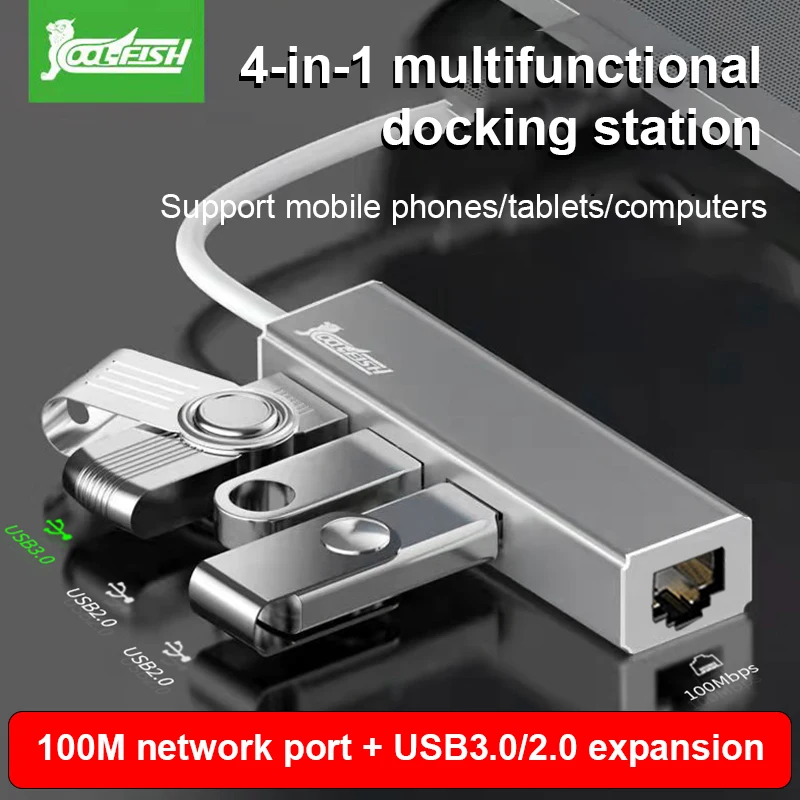 Coolfish Type-C 100M network port splitter card reader suitable for computer expansion network cable four-in-one docking station