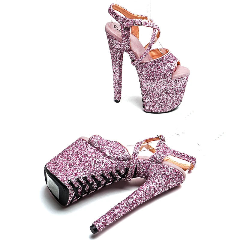 Leecabe  8Inch/20cm Glitter Upper  Platform  High Heels party  lace up Sandals shoes   stripper heel Pole Dance Shoes