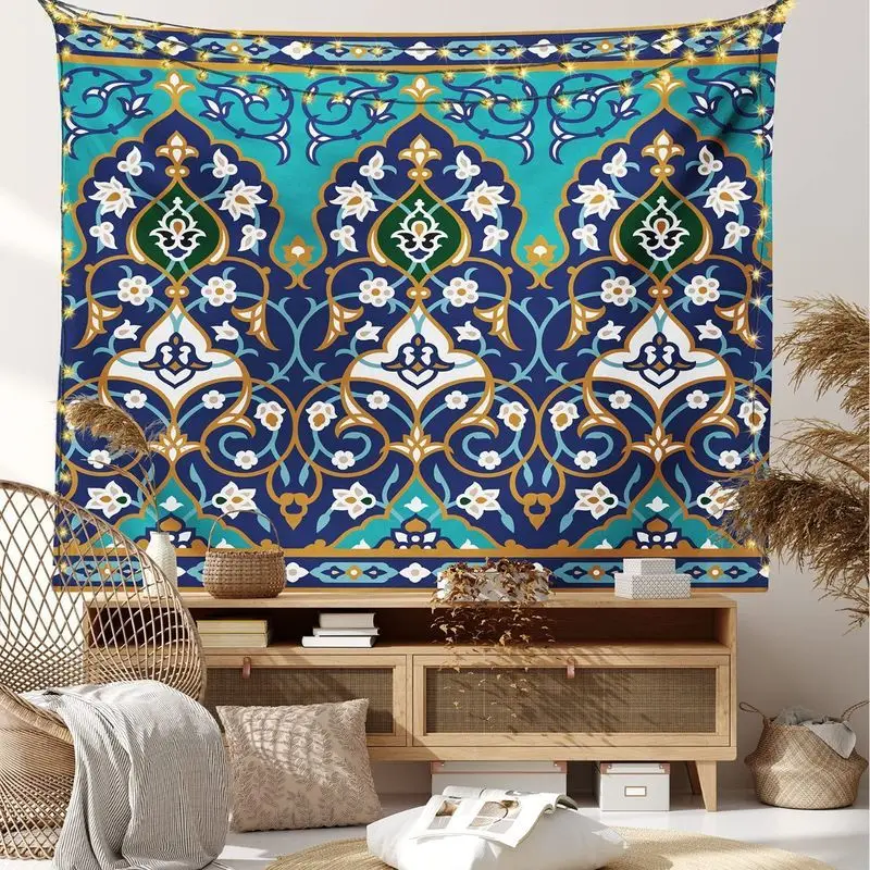 VIKAMA Blue White Vertical Stripe Tapestry Wall Hanging Ikat Boho Geometric Tribal Aesthetic Wall Art Bedroom Living Room Decor