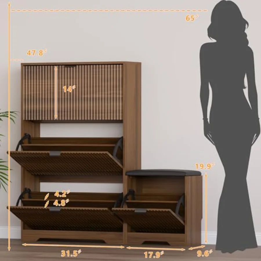 Slim Shoe Cabinet with Bench for Entryway, Hidden Storage and Adjustable Shelves, Free Standing Wooden Shoes Organizer for Hall