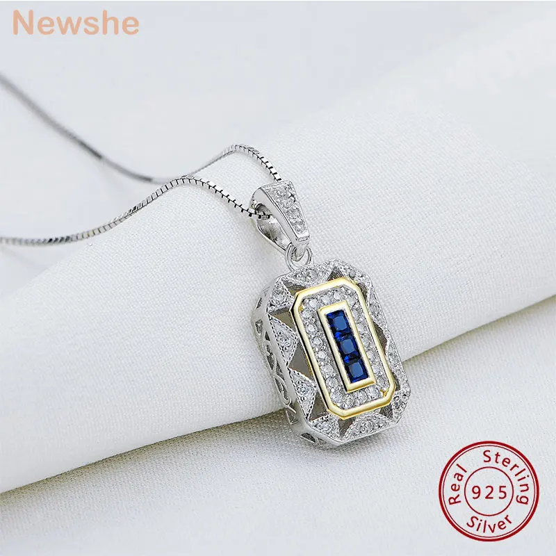 Newshe Blue Cubic Zircon Decor Geometric Charm 925 Sterling Silver Pendant Necklace with 18 Inches Chain Gift Jewelry for Women