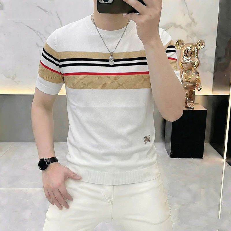 Knitwear Stretchy Luxury T Shirt For Men Short Sleeve Breathable Summer High-Quality Soft Comfortable Casual Camisetas De Hombre