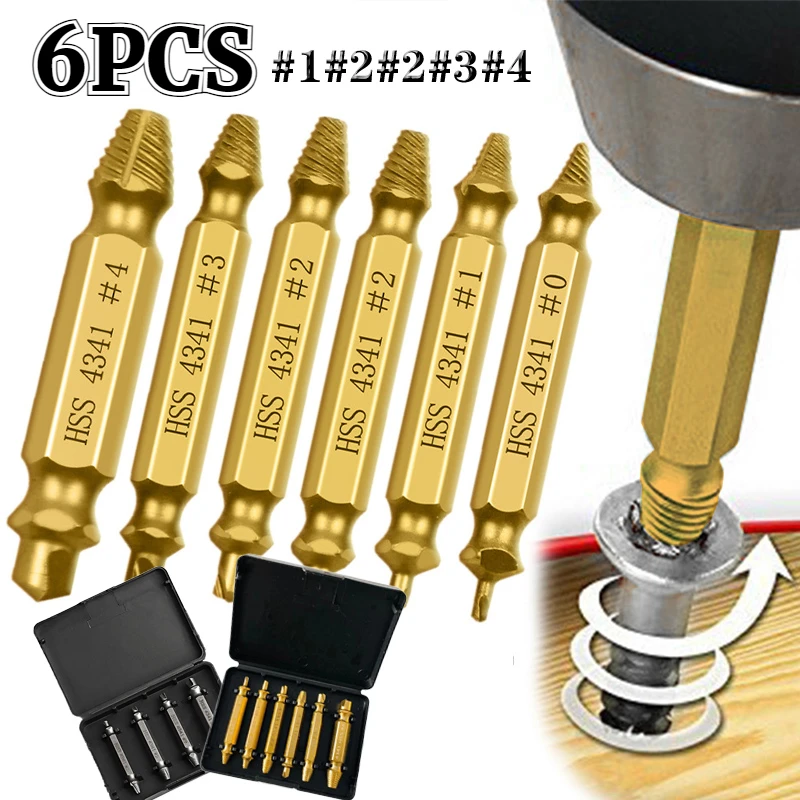 

6pcs Damaged Screw Extractor Set HSS Drill Bit Stripped Broken Remover Easily Quickly Take Out Kit Easy Demolition Power Tools