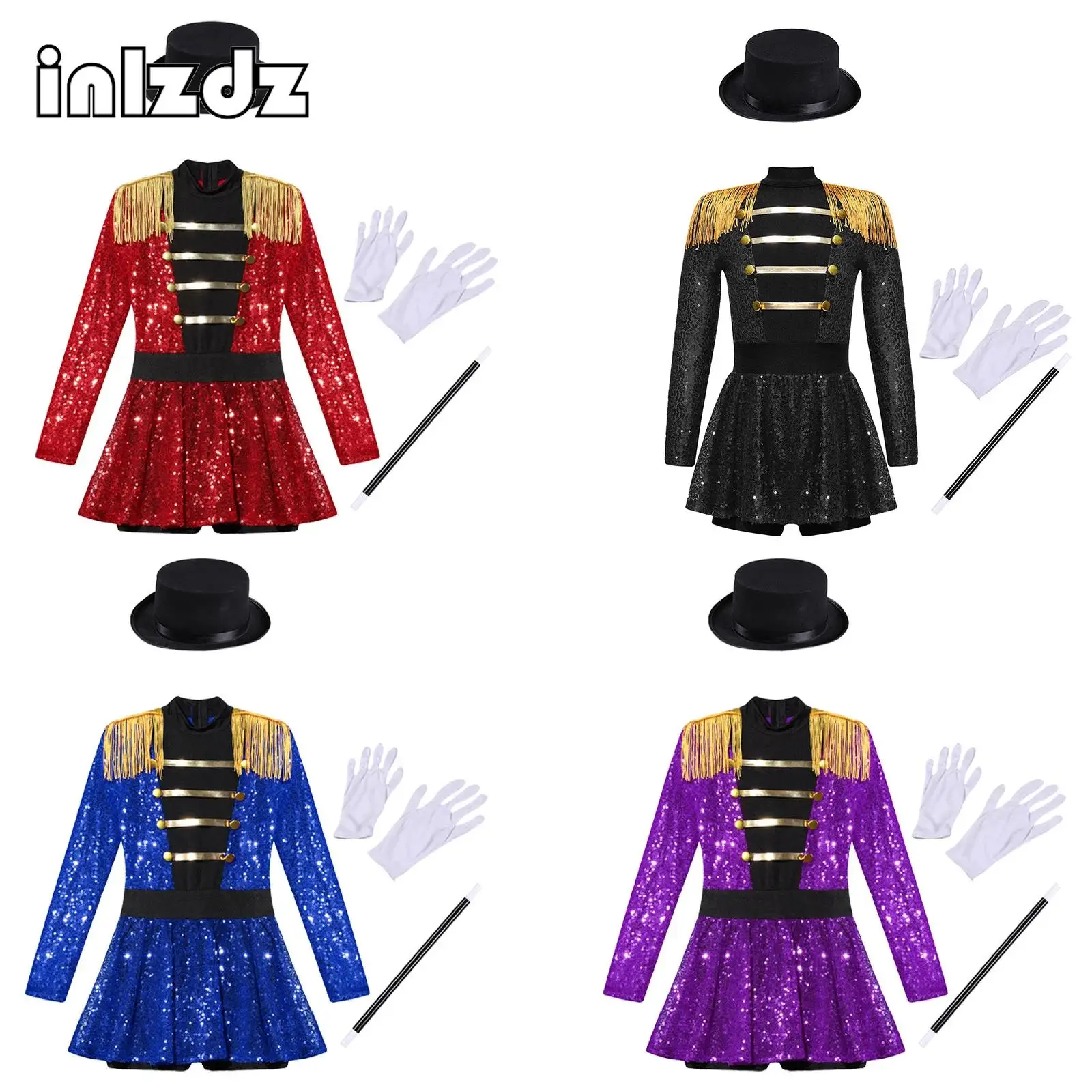 

Girls Ringmaster Circus Costume Set Long Sleeve Tassel Shoulder Sequin Bodysuit+Accessories Set for Halloween Magician Dress Up
