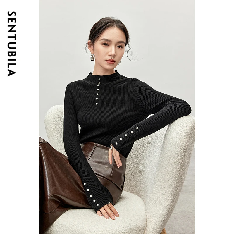 SNTUBILA Slim Fit Dzianinowe Wełniane Pulowery Dla Kobiet 2024 Jesień Mock Neck Długi Rękaw Pearl Cup Solid Basic Women Tops W43E57250