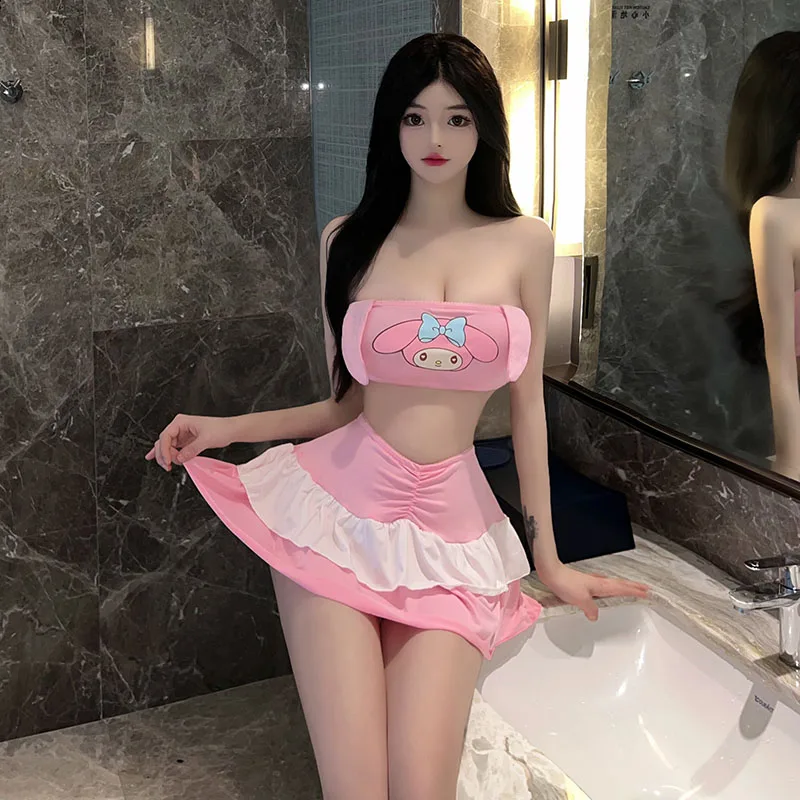 Lingerie sexy para mulheres, rosa kawaii, estampa, terno feminino, sutiã e saia menina doce, terno exótico, boate e roupa de festa, fofo e kawaii