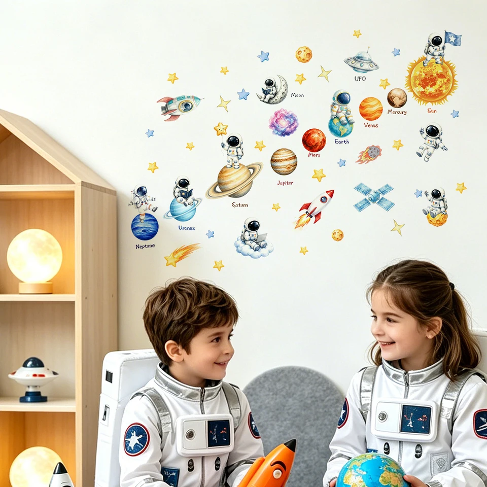 Outer Space Astronaut Planet Rocket Watercolor Wall Stickers Stars Satellite Decals Self‑Adhesive Kids Bedroom Nursery Decor